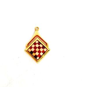 Hakone Marquetry Art Pendant Handmade Detailed Wood Checker Design Necklace Gold